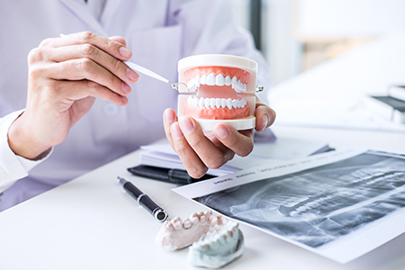 The image shows a dental professional holding a tooth model with a magnifying glass, examining it closely.